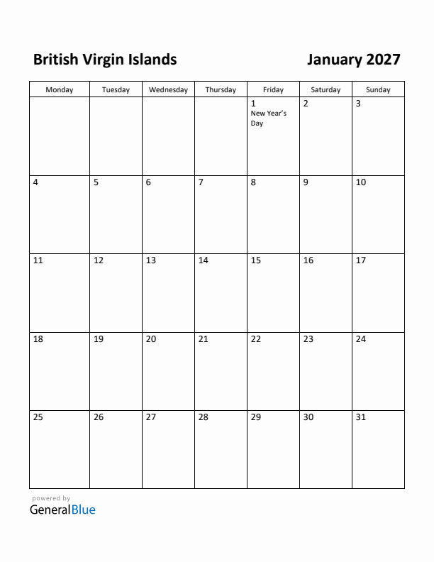January 2027 Calendar with British Virgin Islands Holidays