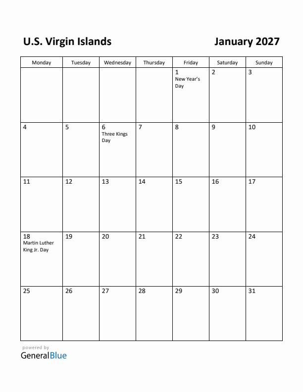 January 2027 Calendar with U.S. Virgin Islands Holidays