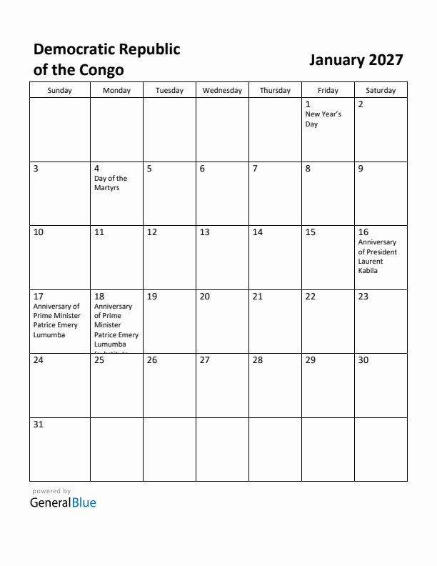 January 2027 Calendar with Democratic Republic of the Congo Holidays