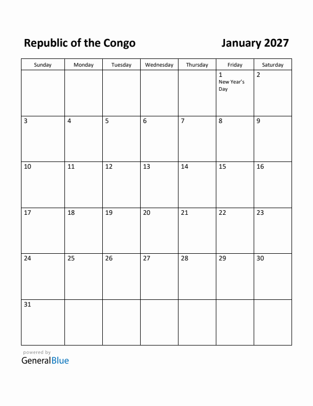 January 2027 Calendar with Republic of the Congo Holidays