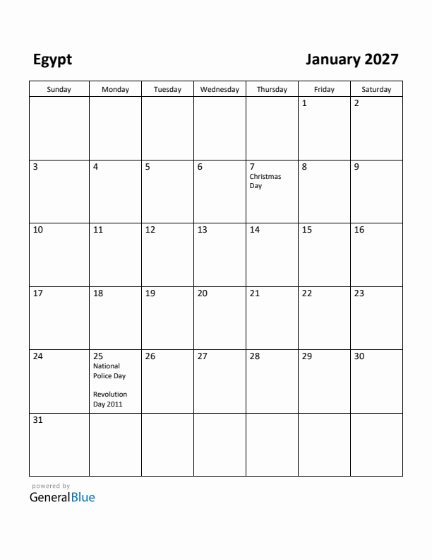 January 2027 Calendar with Egypt Holidays