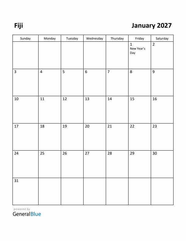 January 2027 Calendar with Fiji Holidays