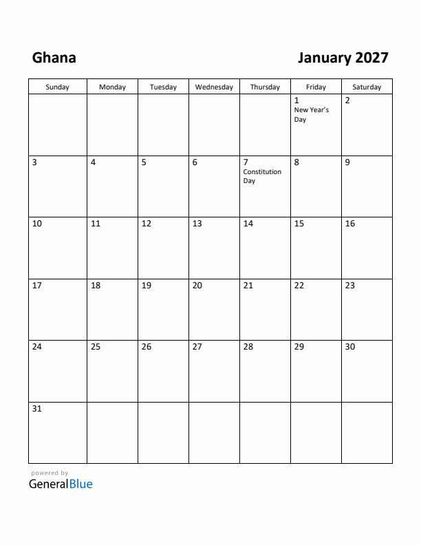 January 2027 Calendar with Ghana Holidays