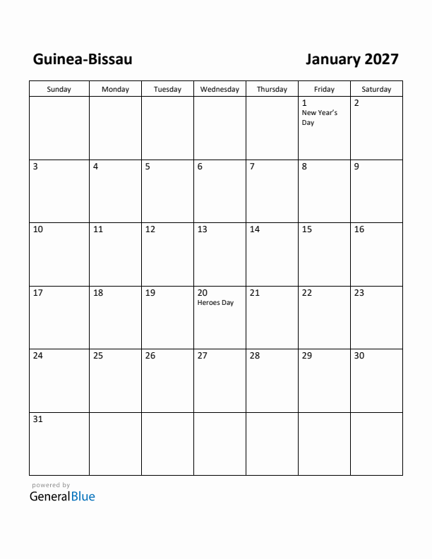 January 2027 Calendar with Guinea-Bissau Holidays