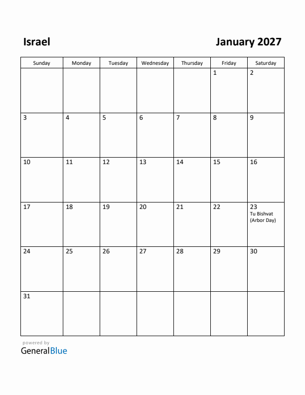January 2027 Calendar with Israel Holidays