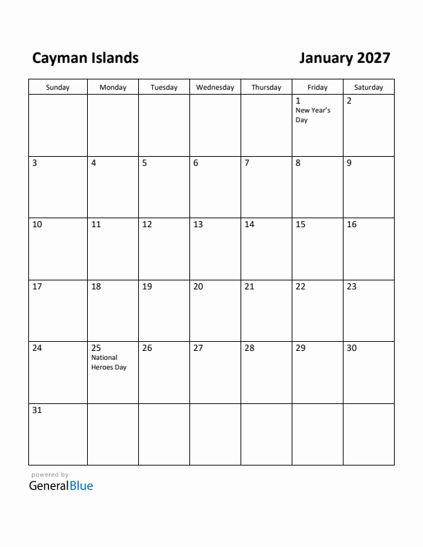 January 2027 Calendar with Cayman Islands Holidays
