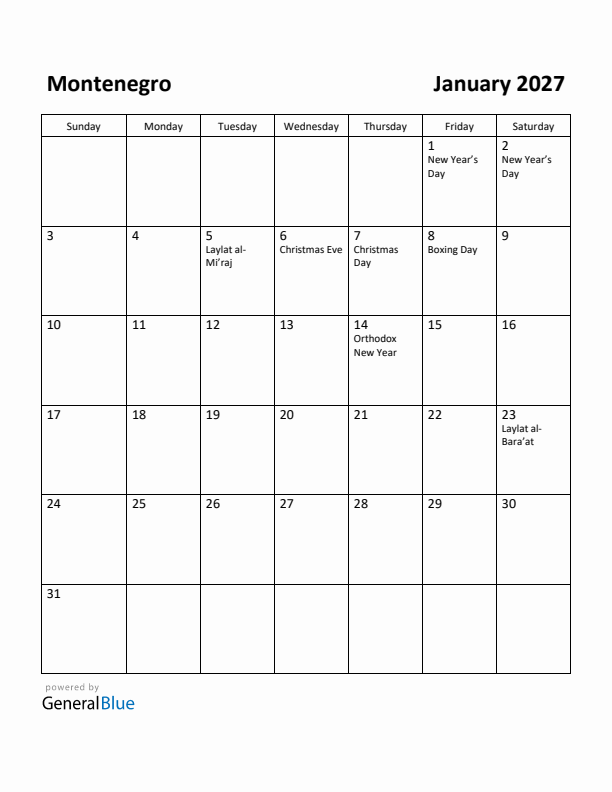 January 2027 Calendar with Montenegro Holidays