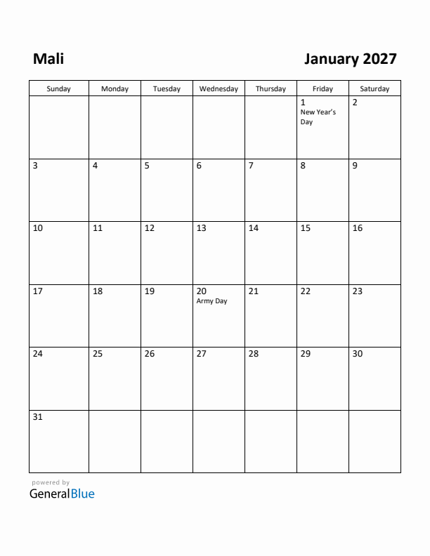 January 2027 Calendar with Mali Holidays