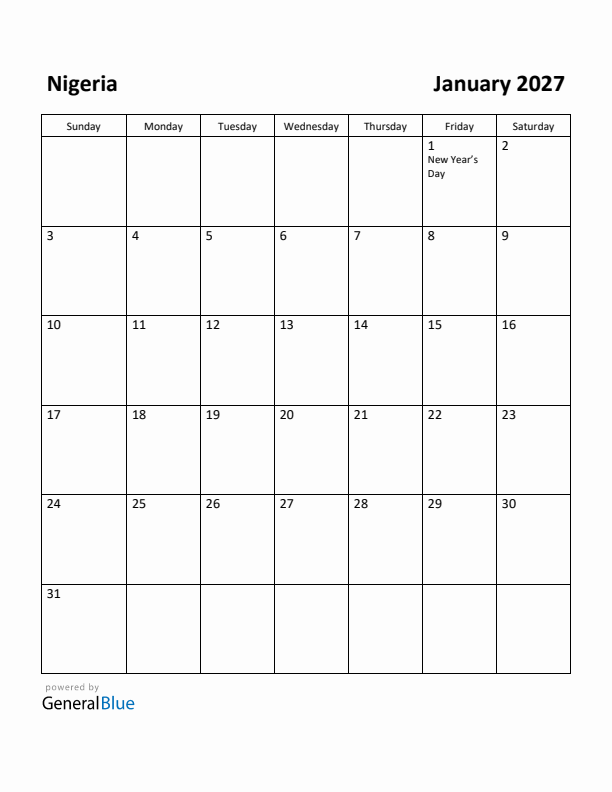 January 2027 Calendar with Nigeria Holidays