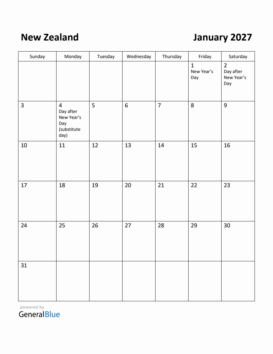 Free Printable January 2027 Calendar for New Zealand