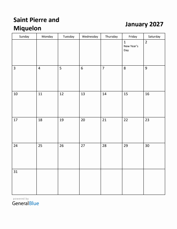 January 2027 Calendar with Saint Pierre and Miquelon Holidays