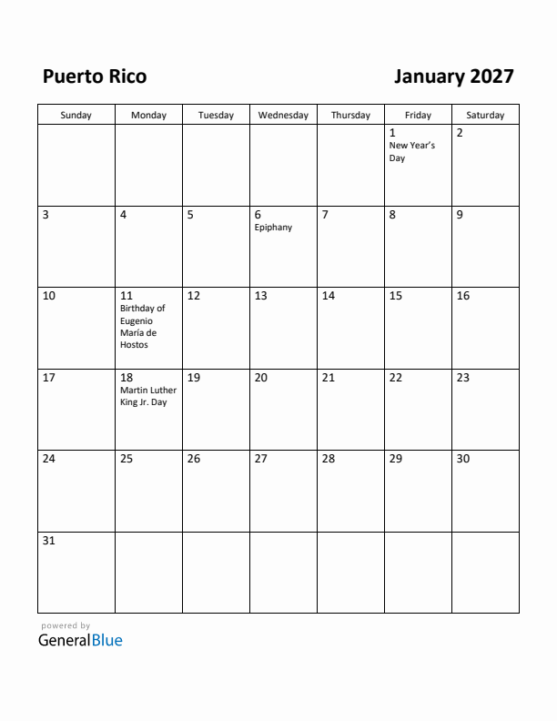 January 2027 Calendar with Puerto Rico Holidays