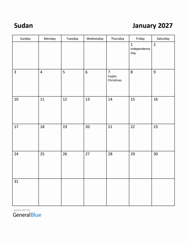 January 2027 Calendar with Sudan Holidays