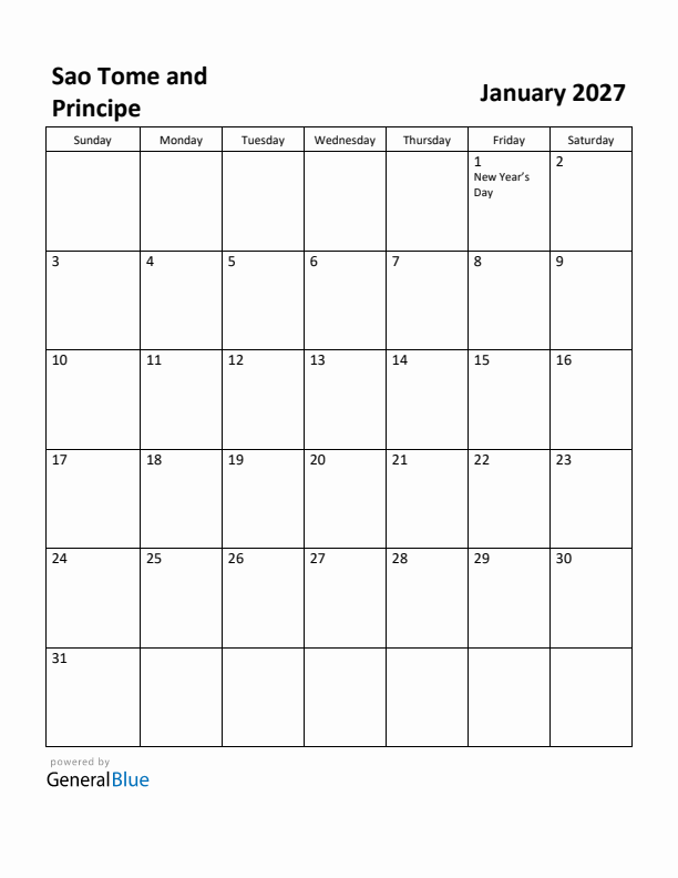 January 2027 Calendar with Sao Tome and Principe Holidays