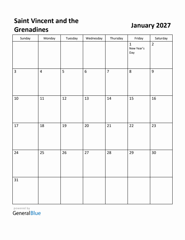 January 2027 Calendar with Saint Vincent and the Grenadines Holidays