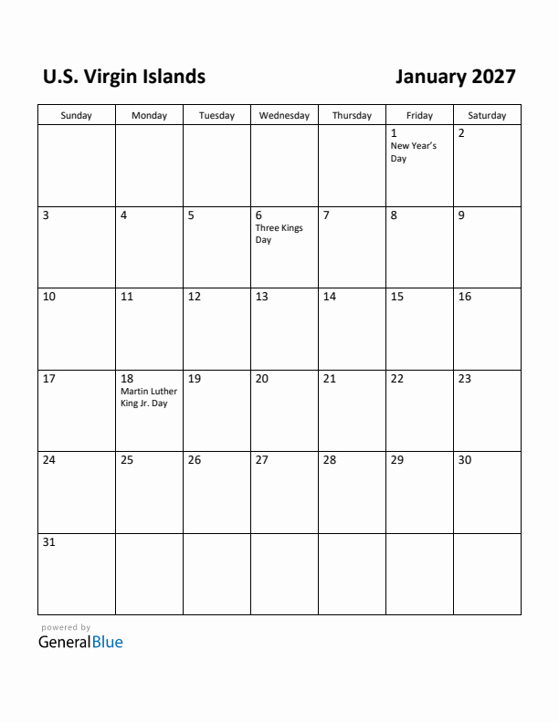 January 2027 Calendar with U.S. Virgin Islands Holidays