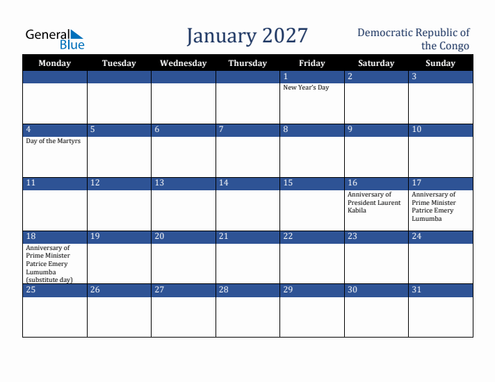 January 2027 Democratic Republic of the Congo Calendar (Monday Start)
