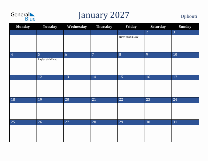 January 2027 Djibouti Calendar (Monday Start)