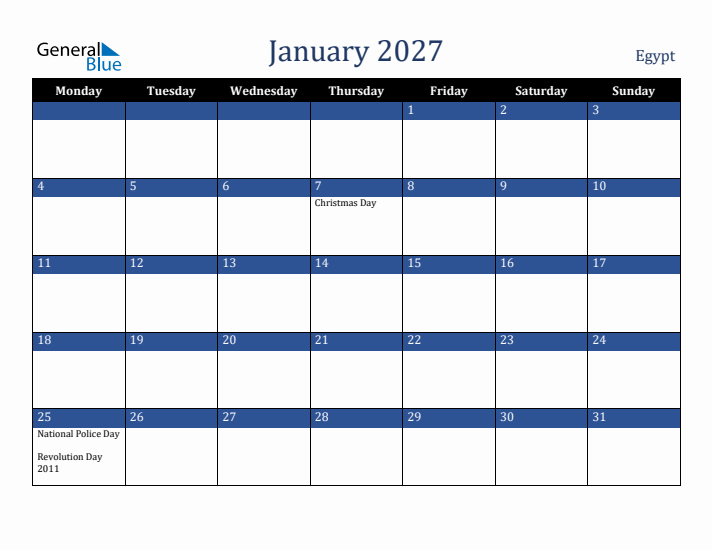 January 2027 Egypt Calendar (Monday Start)