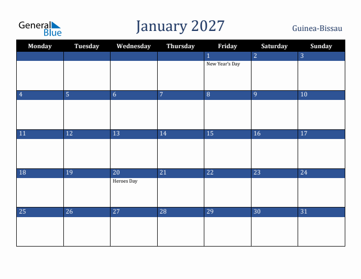 January 2027 Guinea-Bissau Calendar (Monday Start)