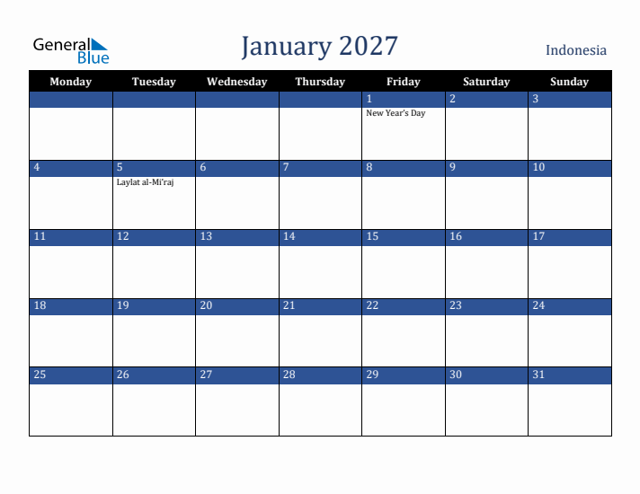 January 2027 Indonesia Calendar (Monday Start)