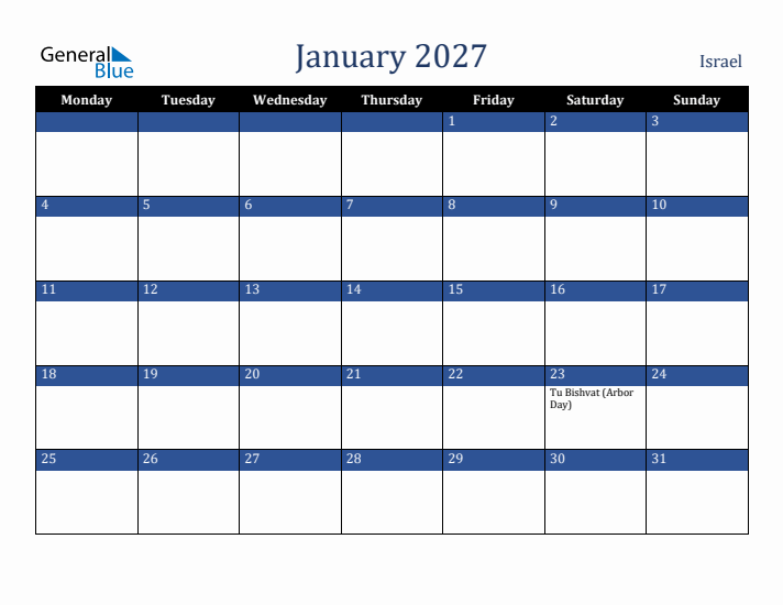 January 2027 Israel Calendar (Monday Start)
