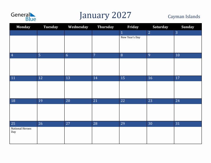 January 2027 Cayman Islands Calendar (Monday Start)