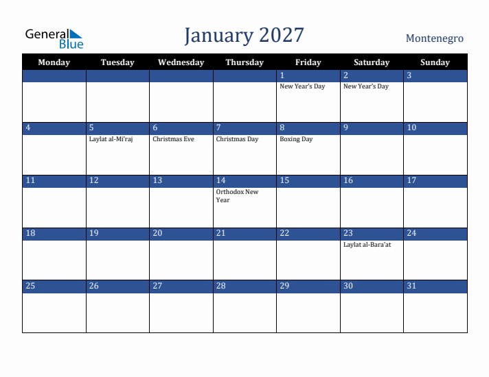 January 2027 Montenegro Calendar (Monday Start)