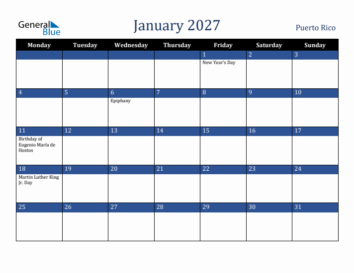 January 2027 Puerto Rico Calendar (Monday Start)