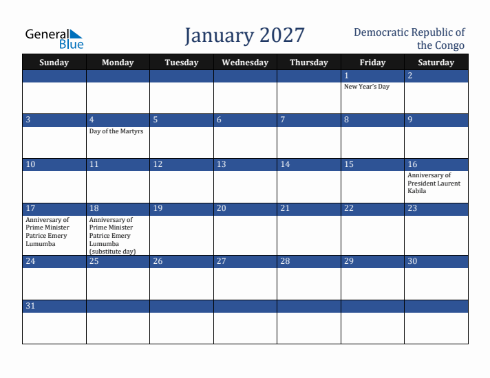 January 2027 Democratic Republic of the Congo Calendar (Sunday Start)