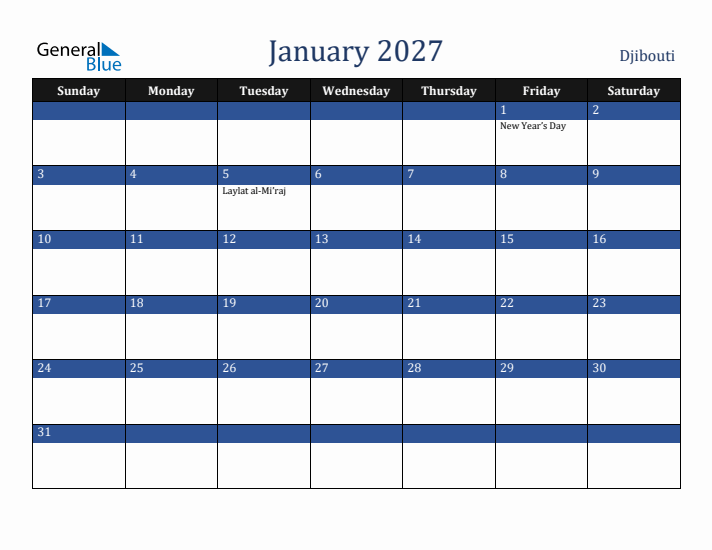 January 2027 Djibouti Calendar (Sunday Start)