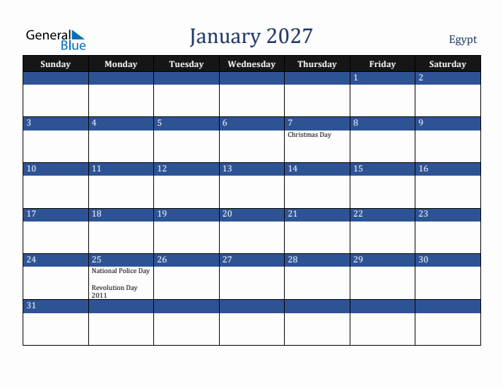 January 2027 Egypt Calendar (Sunday Start)