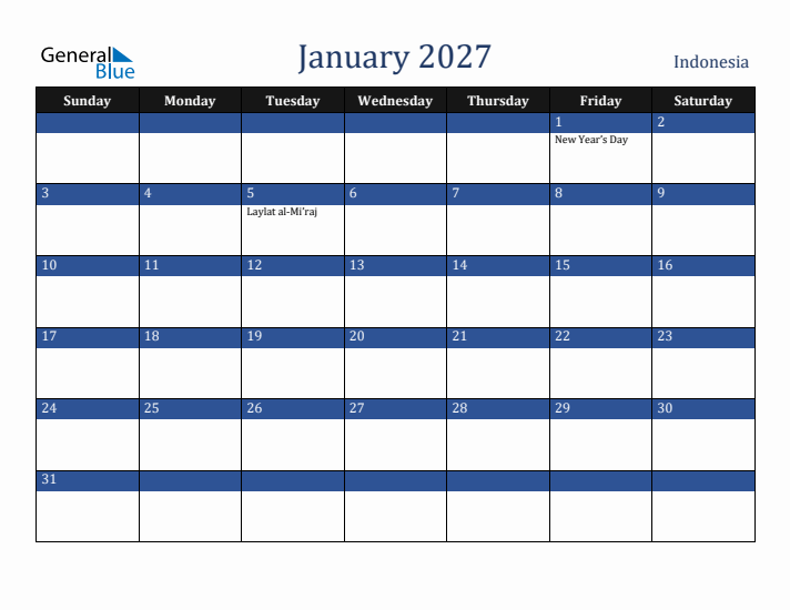 January 2027 Indonesia Calendar (Sunday Start)