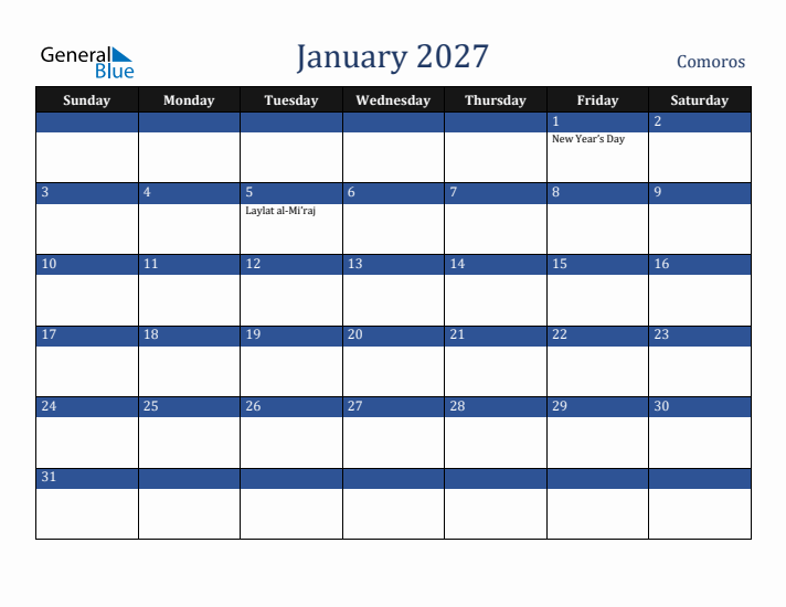 January 2027 Comoros Calendar (Sunday Start)