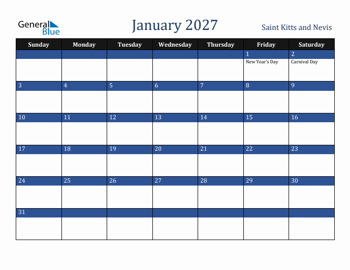 January 2027 Saint Kitts and Nevis Calendar (Sunday Start)