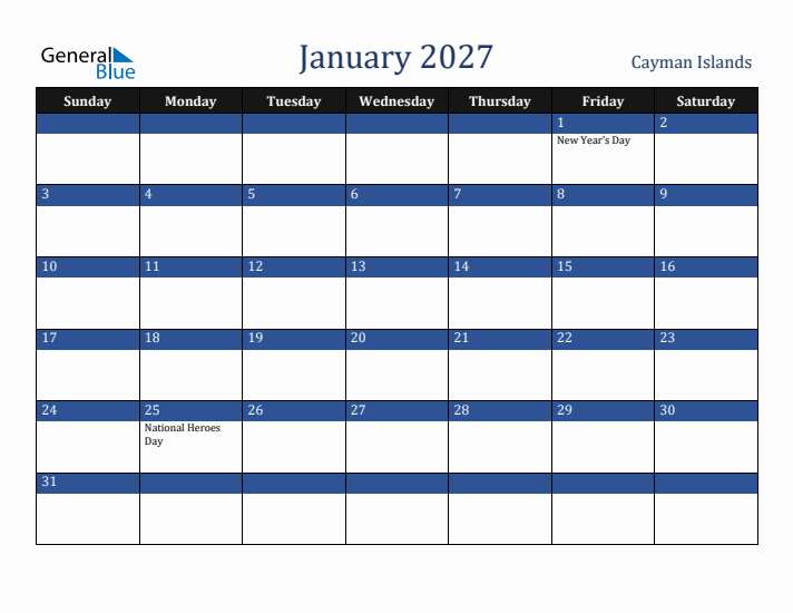 January 2027 Cayman Islands Calendar (Sunday Start)