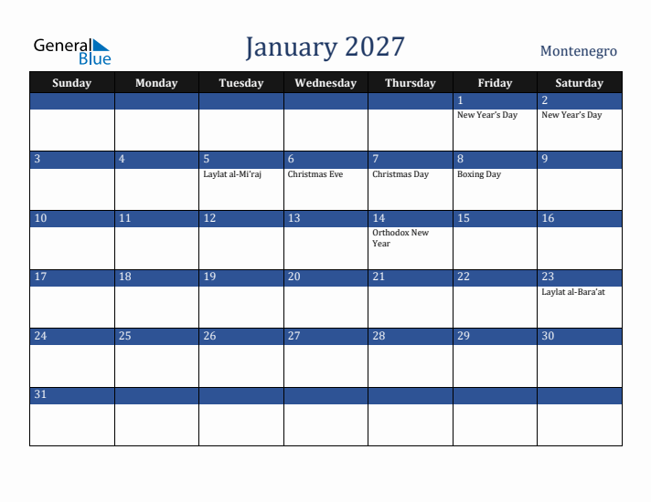 January 2027 Montenegro Calendar (Sunday Start)