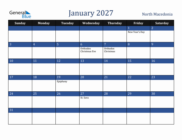 January 2027 North Macedonia Calendar (Sunday Start)