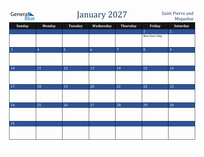 January 2027 Saint Pierre and Miquelon Calendar (Sunday Start)