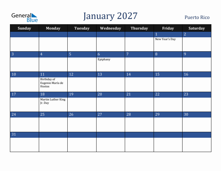 January 2027 Puerto Rico Calendar (Sunday Start)