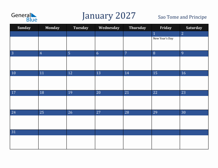 January 2027 Sao Tome and Principe Calendar (Sunday Start)