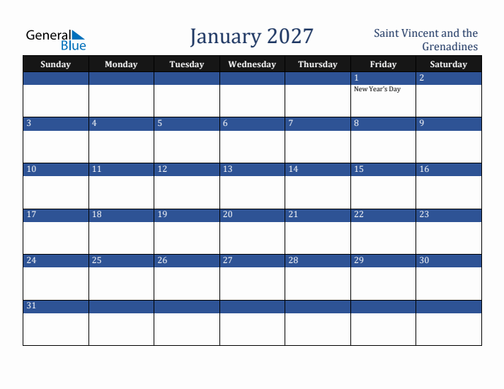 January 2027 Saint Vincent and the Grenadines Calendar (Sunday Start)
