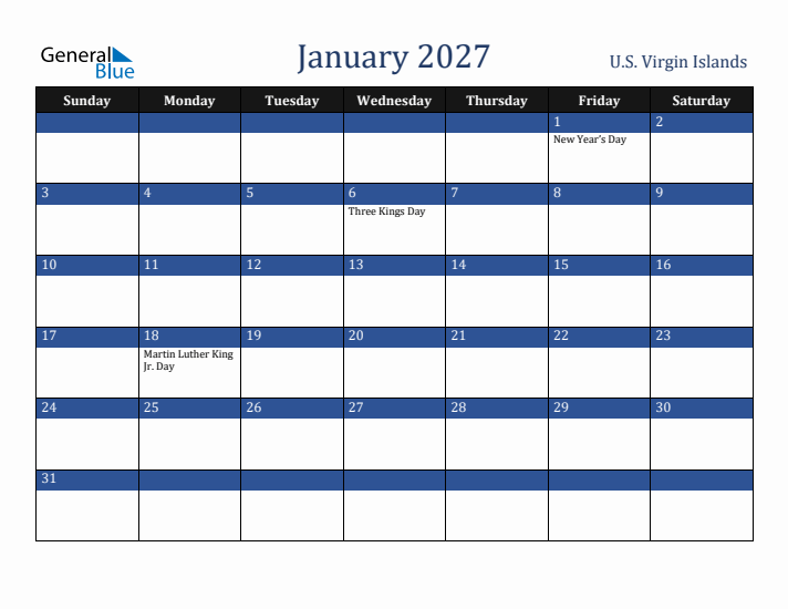 January 2027 U.S. Virgin Islands Calendar (Sunday Start)