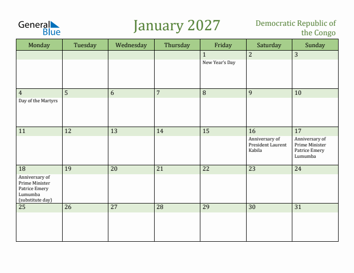 January 2027 Calendar with Democratic Republic of the Congo Holidays