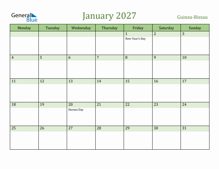 January 2027 Calendar with Guinea-Bissau Holidays