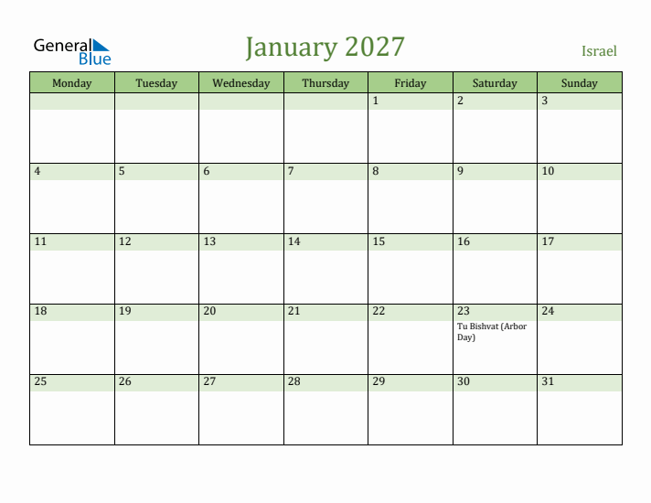 January 2027 Calendar with Israel Holidays