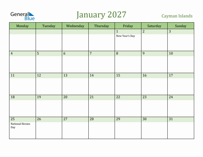January 2027 Calendar with Cayman Islands Holidays