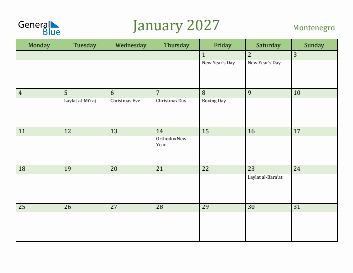January 2027 Calendar with Montenegro Holidays