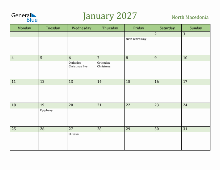January 2027 Calendar with North Macedonia Holidays