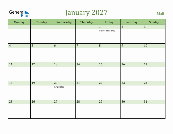 January 2027 Calendar with Mali Holidays